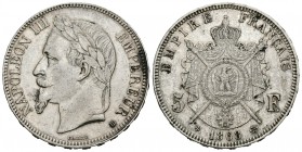 Francia. Napoleón III. 5 francos. 1868. Estrasburgo. BB. (Km-799.2). (Gad-739). Ag. 24,98 g. Limpiada. MBC+. Est...40,00.