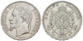 Francia. Napoleón III. 5 francos. 1868. Estrasburgo. BB. (Km-799.2). (Gad-739). Ag. 24,98 g. MBC+. Est...35,00.