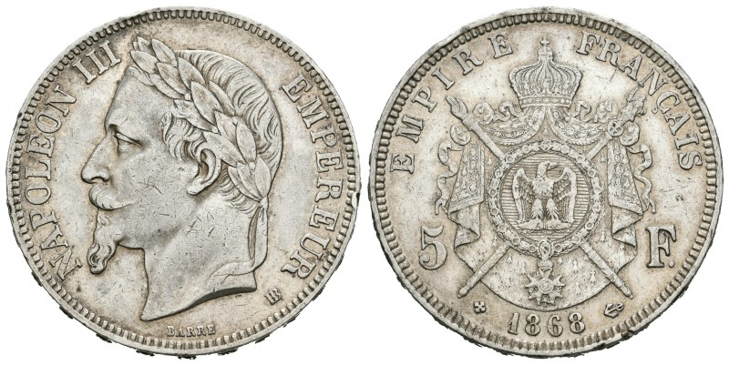 Francia. Napoleón III. 5 francos. 1868. Estrasburgo. BB. (Km-799.2). (Gad-739). ...
