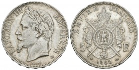 Francia. Napoleón III. 5 francos. 1868. Estrasburgo. BB. (Km-799.2). (Gad-739). Ag. 25,01 g. Golpecitos en el canto. MBC+. Est...40,00.