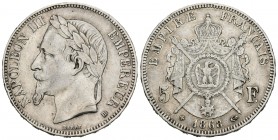 Francia. Napoleón III. 5 francos. 1868. Estrasburgo. BB. (Km-799.2). (Gad-739). Ag. 24,97 g. Golpecitos. MBC. Est...30,00.