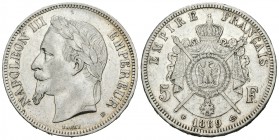 Francia. Napoleón III. 5 francos. 1869. Estrasburgo. BB. (Km-799.2). (Gad-739). Ag. 24,94 g. Limpiada. EBC-. Est...30,00.