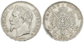 Francia. Napoleón III. 5 francos. 1869. Estrasburgo. BB. (Km-799.2). (Gad-739). Ag. 24,92 g. MBC+. Est...40,00.