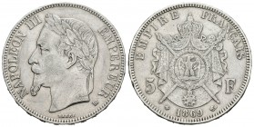 Francia. Napoleón III. 5 francos. 1869. Estrasburgo. BB. (Km-799.2). (Gad-739). Ag. 24,92 g. MBC-. Est...30,00.