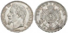 Francia. Napoleón III. 5 francos. 1870. París. A. (Km-799.1). (Gad-739). Ag. 25,03 g. Golpecitos. MBC+. Est...40,00.