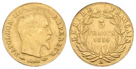 Francia. Napoleón III. 5 francos. 1859. París. A. (Km-787.1). (Gad-1001). (Fr-578a). Au. 1,58 g. MBC+. Est...70,00.