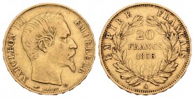 Francia. Napoleón III. 20 francos. 1856. París. A. (Km-781.1). Au. 6,44 g. MBC-. Est...180,00.