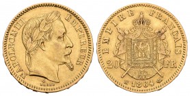 Francia. Napoleón III. 20 francos. 1864. Estrasburgo. BB. (Km-801.2). Au. 6,44 g. EBC. Est...200,00.