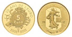Francia. 5 euros. 2012. (Km-1890). Au. 0,53 g. PROOF. Est...35,00.