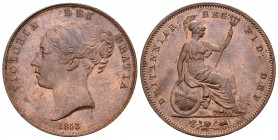 Gran Bretaña. Victoria. 1/2 penny. 1853. (Km-739). (S-3948). Ae. 18,97 g. WW incuso en el cuello. Buen ejemplar. EBC+. Est...120,00.