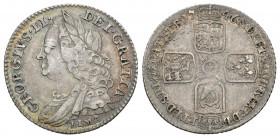 Gran Bretaña. George II. 6 pence. 1746. (Km-582.3). Ag. 2,94 g. LIMA bajo el busto. Escasa. MBC+. Est...125,00.