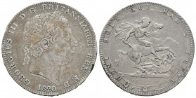 Gran Bretaña. George III. 1 corona. 1820. (Km-675). (S-3787). (Dav-103). Ag. 28,06 g. ANNO REGNI LX en el canto. Golpes. BC+. Est...40,00.