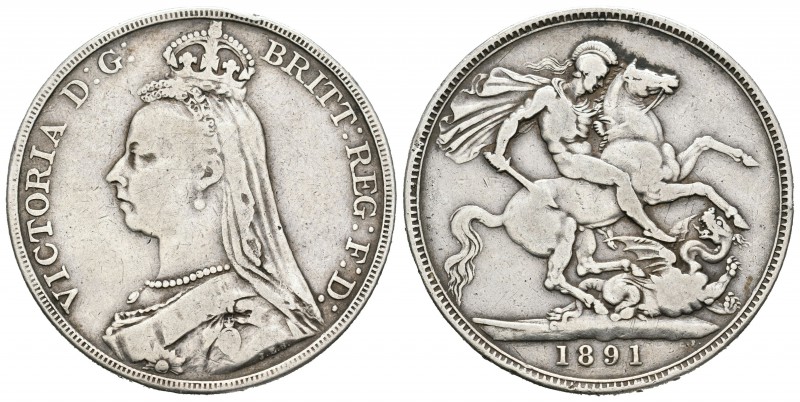 Gran Bretaña. Victoria. 1 corona. 1891. (Km-765). Ag. 27,78 g. BC/BC+. Est...30,...