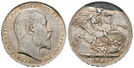 Gran Bretaña. Edward VII. 1 corona. 1902. (Km-803). (S-3978). Ag. 28,16 g. Golpecito en el canto. EBC-/EBC. Est...220,00.