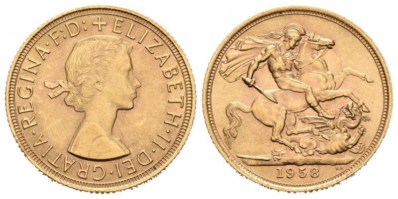 Gran Bretaña. Elisabeth II. Sovereign. 1958. (Km-908). Au. 7,99 g. Golpecito en ...