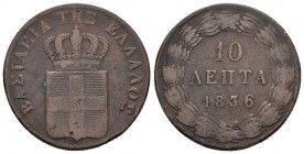 Grecia. Otho I. 10 lepta. 1836. (Km-17). Ae. 13,08 g. BC+. Est...60,00.