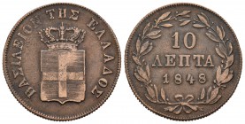 Grecia. Otho I. 10 lepta. 1848. (Km-29). Ae. 12,38 g. MBC-. Est...50,00.