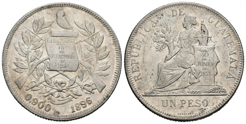 Guatemala. 1 peso. 1896. (Km-210). Ag. 24,71 g. Brillo original. EBC+. Est...70,...