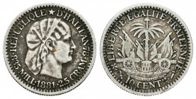 Haití. 10 céntimos. 1881. (Km-44). Ag. 2,45 g. MBC. Est...20,00.