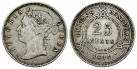 Honduras Británica. Victoria. 25 cents. 1894. (Km-9). Ag. 5,80 g. Limpiada. MBC. Est...45,00.