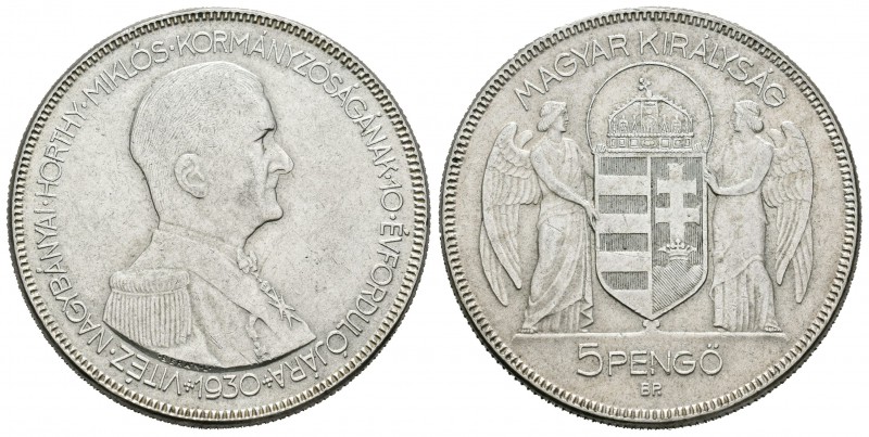 Hungría. Horthy. 5 pengo. 1930. Budapest. BP. (Km-512.1). Ag. 25,03 g. 10 aniver...