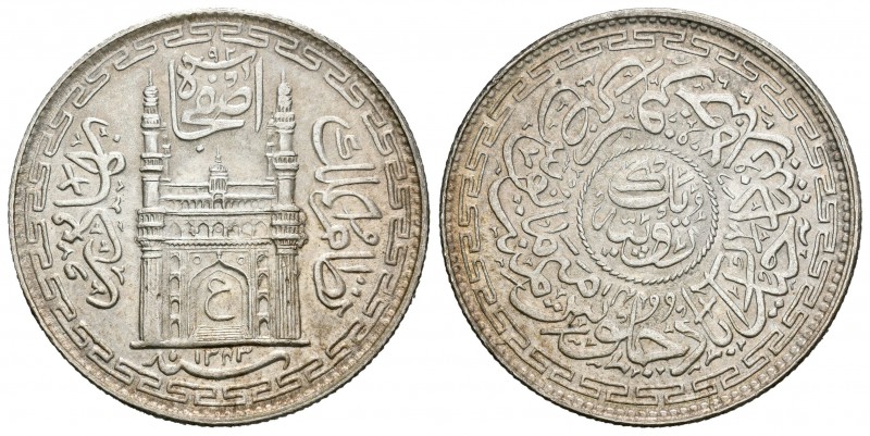 India. 1 rupia. 1924 (1343 H). Hyderabad. (Km-Y 53a). Ag. 11,17 g. EBC+. Est...3...