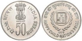 India. 50 rupias. 1979. (Km-260). Ag. 34,75 g. Año internacional del niño. PROOF. Est...40,00.