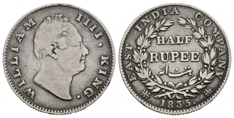 India Británica. William IV. 1/2 rupia. 1835. (Km-449.3). Ag. 5,67 g. F incusa e...