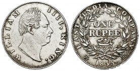 India Británica. William IV. 1 rupia. 1835. Calcuta. (Km-450.2). Ag. 11,69 g. F incusa en cuello. Limpiada. EBC-. Est...70,00.