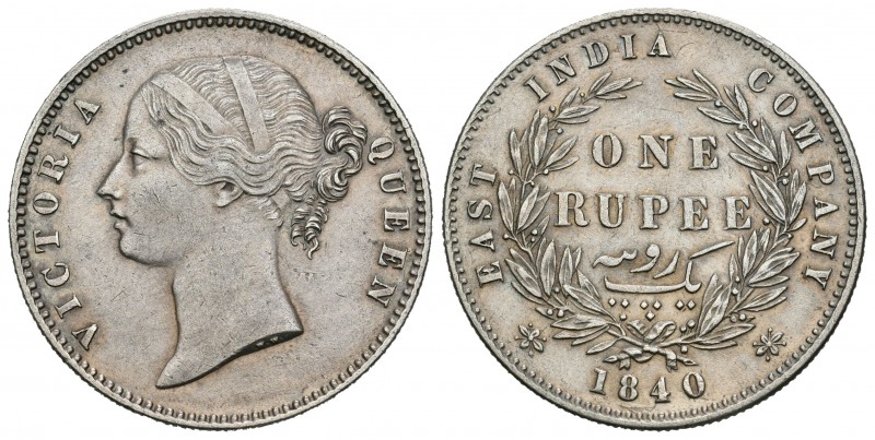 India Británica. Victoria. 1 rupia. 1840. Bombay. (Km-458.3). Ag. 11,67 g. WW en...
