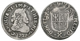 Italia. Carlos VI. 10 soldi. 1727. Milan. (Km-137). (MIR-416/5). Ag. 1,81 g. Con título de rey de España. MBC-. Est...100,00.