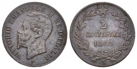 Italia. Vittorio Emanuel II. 2 céntimos. 1862. Nápoles. N. (Km-2.2). Ae. 1,83 g. MBC+. Est...15,00.