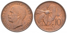 Italia. Vittorio Emanuel III. 10 céntimos. 1936. Roma. R. (Km-60). Ae. 5,46 g. Brillo original. SC-. Est...30,00.