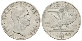 Italia. Vittorio Emanuele III. 50 cemtesimi. 1936. Roma. R. (Km-76). (Mont-259, pág.818). Ni. 6,06 g. Rayita en anverso. Rara. EBC+. Est...200,00.