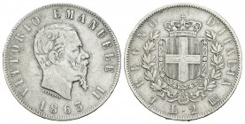 Italia. Vittorio Emanuel III. 2 liras. 1863. Turín. T. (Km-6a.2). (Pagani-507). (Mont-195). Ag. 9,93 g. MBC-. Est...40,00.