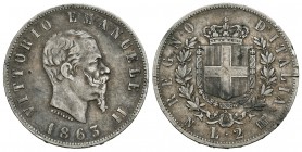 Italia. Vittorio Emanuel II. 2 liras. 1863. Nápoles. (Km-6a.1). (Mont-195). Ag. 9,93 g. Golpes en el canto. MBC-. Est...30,00.