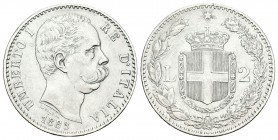 Italia. Umberto I. 2 liras. 1883. Roma. R. (Km-23). (Pagani-593). (Mont-37). Ag. 9,95 g. Limpiada. MBC+. Est...18,00.