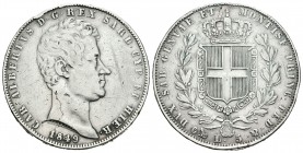 Italia. Carlo Alberto. 5 liras. 1849. Génova. (Km-130.2). (Mont-105). Ag. 24,65 g. Golpes. BC+/MBC-. Est...35,00.