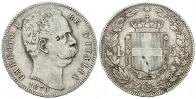 Italia. Umberto I. 5 Liras. 1879. (Km-20). (Pagani-590). (Mont-33). Ag. 24,85 g. Golpe en anverso. MBC-. Est...25,00.