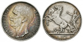 Italia. Vittorio Emanuel III. 10 liras. 1927. Roma. R. (Km-68.1). (Pagani-692a). (Mont-89). Ag. 9,98 g. Biga. EBC-. Est...30,00.