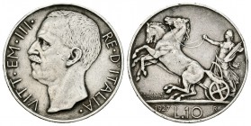 Italia. Vittorio Emanuel III. 10 liras. 1927. Roma. R. (Km-68.1). (Pagani-692a). (Mont-89). Ag. 9,99 g. Biga. Golpecitos. MBC. Est...20,00.