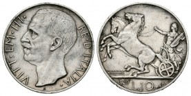 Italia. Vittorio Emanuel III. 10 liras. 1929. Roma. R. (Km-68.1). (Pagani-694a). (Mont-94). Ag. 10,00 g. Biga. MBC+. Est...50,00.