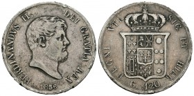 Italia. Ferdinando II. 120 grana. 1856. Nápoles. (Km-370). (Pagani-222). (Mont-804). Ag. 27,45 g. Golpes en el canto. MBC-. Est...25,00.