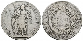 Italia. República Subalpina. 5 francos. L´AN 10 (1802). Turín. (Km-4). (Pag-6). Ag. 24,55 g. BC+. Est...90,00.