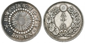 Japón. Mutsuhito. 50 sen. Año 39 (1906). (Km-Y.31). Ar. 10,12 g. MBC+. Est...20,00.