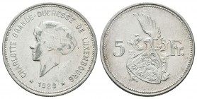 Luxemburgo. Charlotte Grande. 5 francos. 1929. (Km-38). Cu-Ni. 8,00 g. EBC-. Est...20,00.