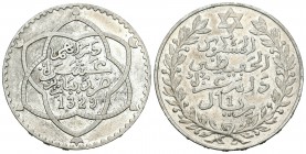 Marruecos. Moulay al Hafiz. 1 rial. 1329 H (1911). París. (Km-25). Ag. 24,93 g. MBC+. Est...25,00.