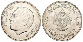 Marruecos. Al Hasan II. 50 dinares. 1396 H (1976). (Km-Y68). Ag. 35,86 g. Aniversario de la marcha verde. Brillo original. SC. Est...35,00.