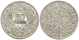 Marruecos. Mohamad V. 20 francos. 1352 H (1933). (Km-Y39). Ag. 20,06 g. MBC+. Est...25,00.