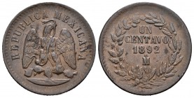 México. 1 centavo. 1892. México. (Km-391.6). Ae. 7,91 g. MBC+. Est...9,00.
